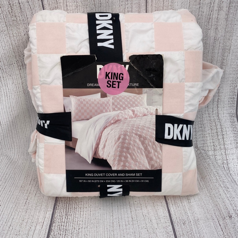 DKNY Duvet Cover Set King Pink White Checkered Puckered Texture Pastel Girly
